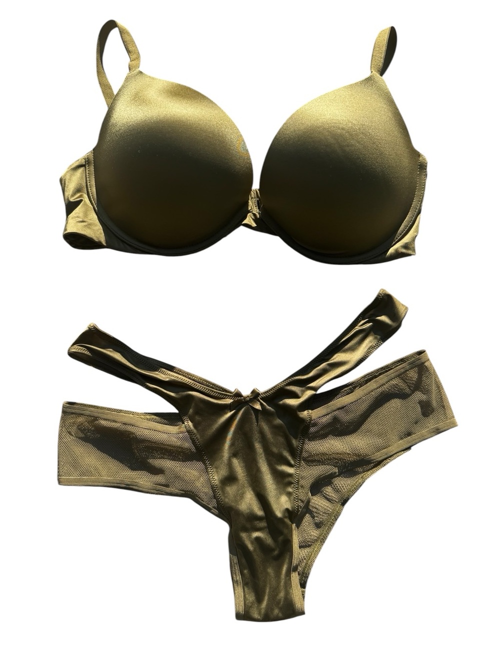 Victoria Secret Bombshell Olive Push-bra 36D and mesh side matching panties, L